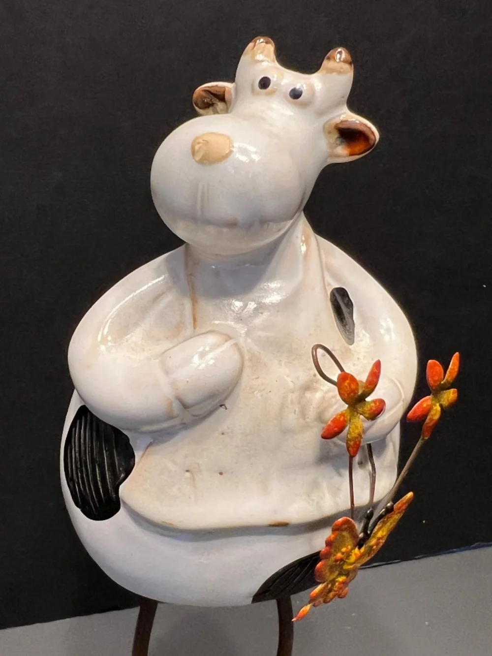Long Leg Black & White Cow Holding Bird House, Bird and Flowers Set of 2 RARE